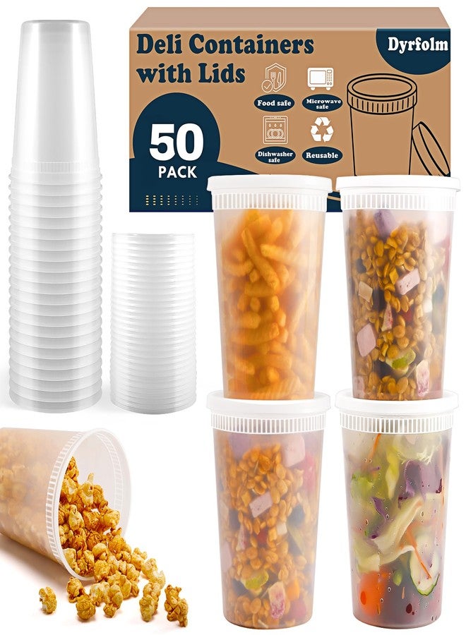 Dyrfolm 50 Pack 32oz Plastic Food Storage Containers, Leakproof Clear Soup Containers With Airtight Lids, Heavy-Duty Deli Containers, Stackable, Freezer, Dishwasher, Microwave Safe - Image 1